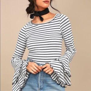 WE THE FREE Free People Grey and White Striped Bell Sleeve Top